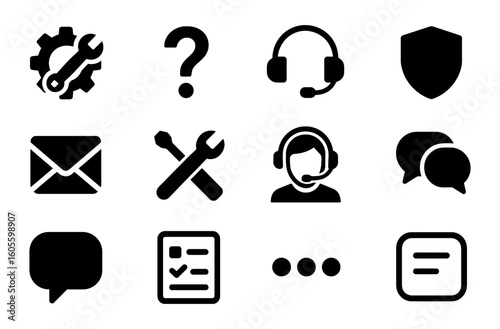 Solid customer service icons set with gear, wrench, headset, shield, chat, checklist, envelope
