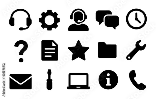 Solid customer service icons set with headset, gear, chat, clock, star, wrench, folder, laptop