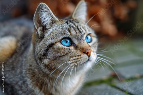 Close-up of a tabby cat with striking blue eyes, looking attentively.