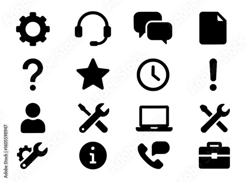 Solid service and support icons set: gear, headset, chat, document, clock, tools, info, briefcase