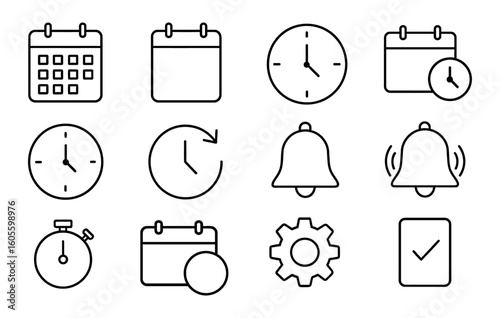 Time management, calendar, clock, bell, stopwatch, gear, checklist line icon set, outline style