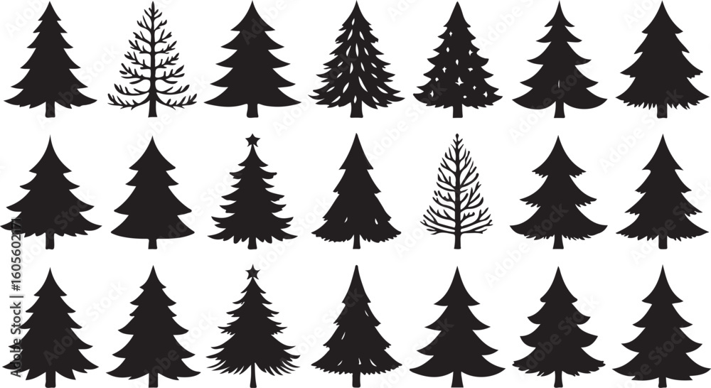 Obraz premium Diverse evergreen tree silhouettes with intricate branches and layered foliage evergreen trees pine trees
