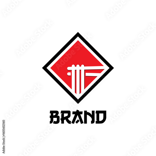 Red and black logo design noodle in square. Square noodle logo combination of noodles and chopstick.