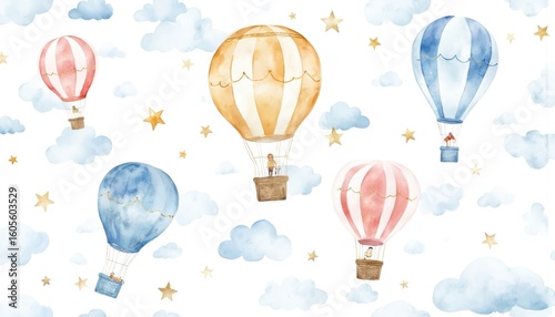 Watercolor illustration of baby shower with hot air balloons, clouds, stars. Blue, gold, pink balloons with small figures in baskets. Sweet, dreamy design ideal for invitations, posters, fabric