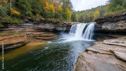 Scenic Waterfall Cascading Over Rocky Cliffs Surrounded by Autumnal Forest Foliage