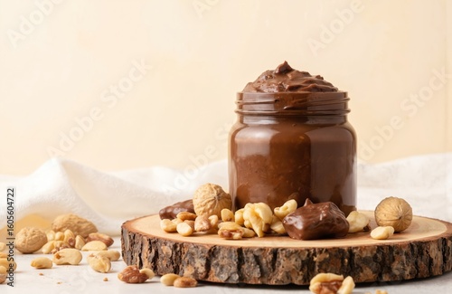 Rich chocolate paste in jar with whole nuts, chocolate pieces scattered around on wooden board. Creamy, melted cocoa spread perfect for breakfast, dessert, as sweet ingredient. Delicious hazelnut,