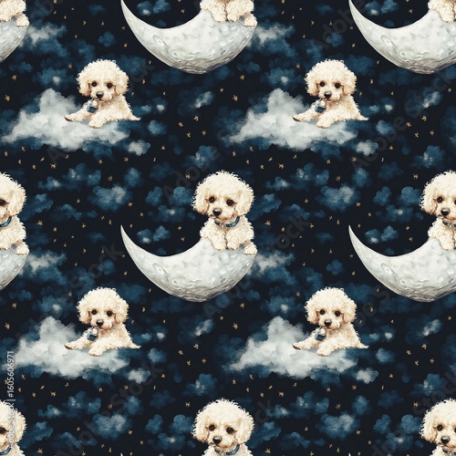  seamless pattern Bichon Frise dog (Bichon Frise) white, moon cloud seamless fabric pattern, textile background, fashion