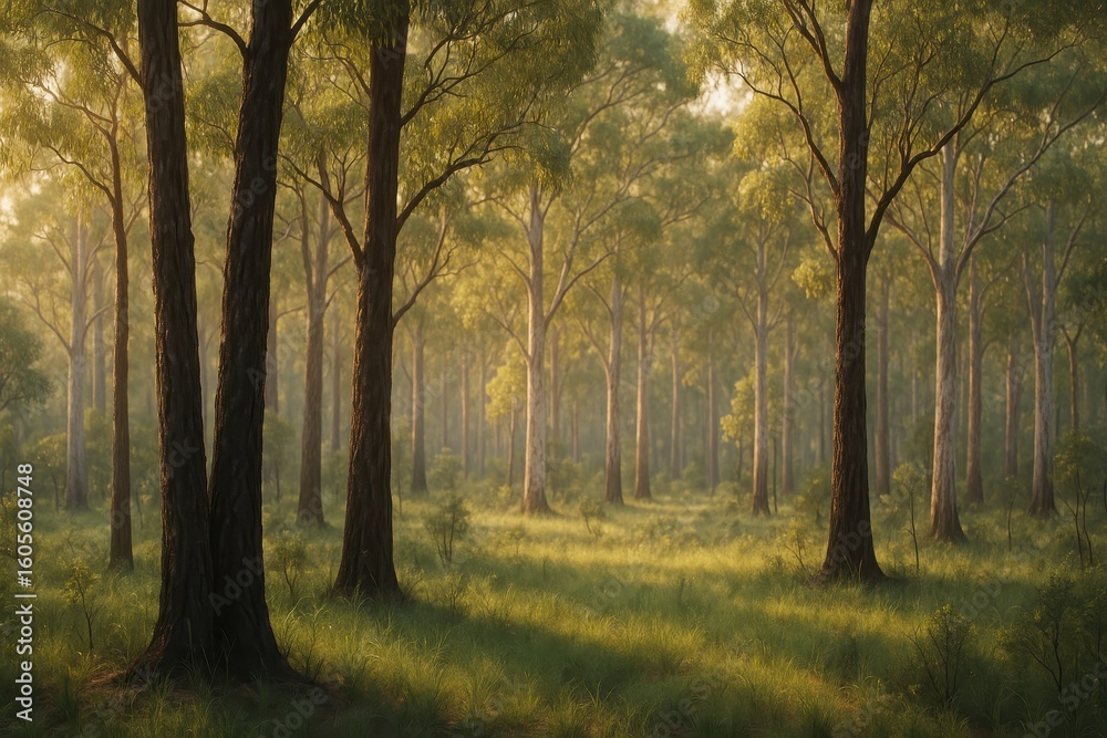 Fototapeta premium Australian eucalyptus forest clearing with soft bokeh and golden afternoon light