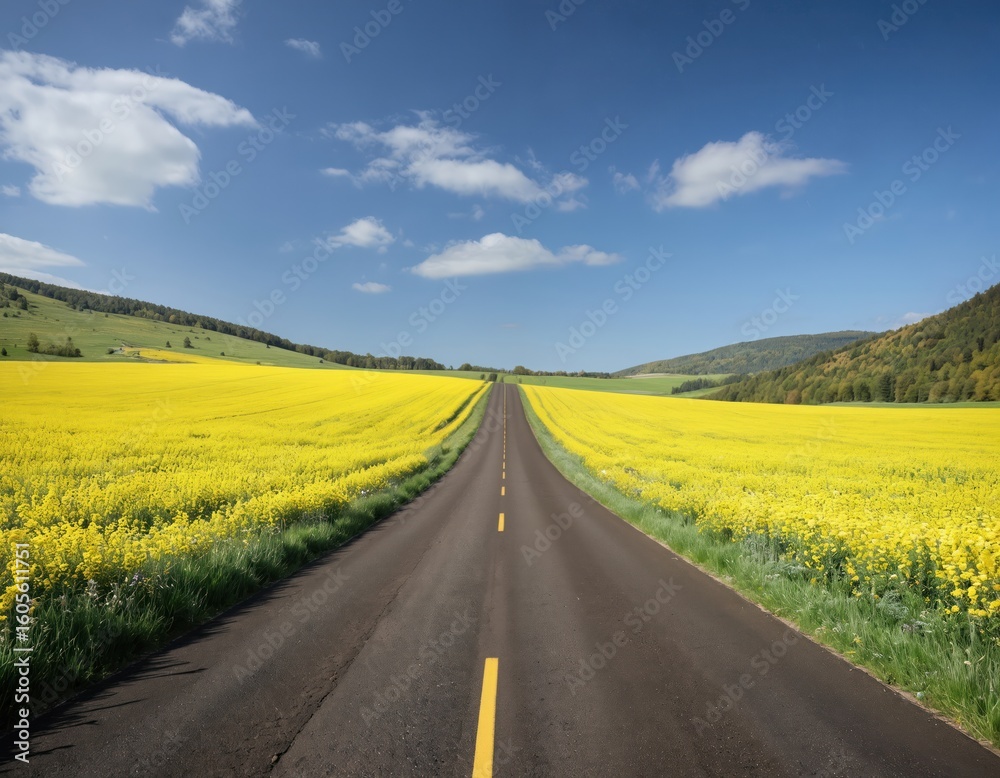 Naklejka premium Empty asphalt road leads through vast field of yellow flowers under bright blue sky with scattered clouds. Scenic countryside landscape invites travel and exploration.