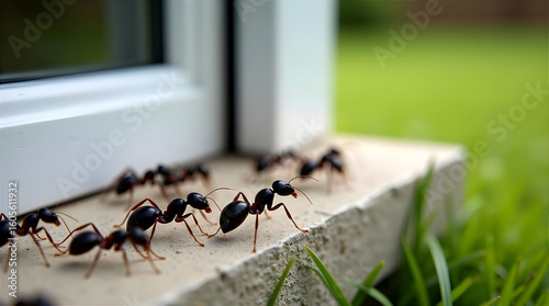 Close up view of several ants moving on a window sill in natural daylight