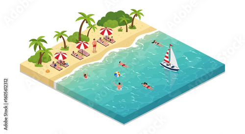 Adobe Illustrator artwork 3D isometric view of a tropical beach scene with people swimming, sunbathing under umbrellas, and a sailboat on the turquoise water. Ideal for summer vacation themes