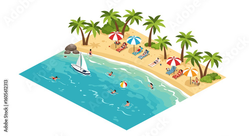 Adobe Illustrator artwork 3D isometric view of a tropical beach scene with people swimming, sunbathing under umbrellas, and a sailboat on the turquoise water. Ideal for summer vacation themes