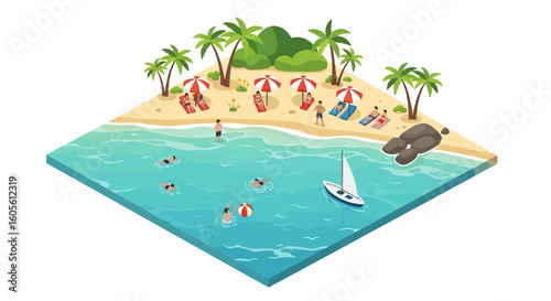 Adobe Illustrator artwork 3D isometric view of a tropical beach scene with people swimming, sunbathing under umbrellas, and a sailboat on the turquoise water. Ideal for summer vacation themes