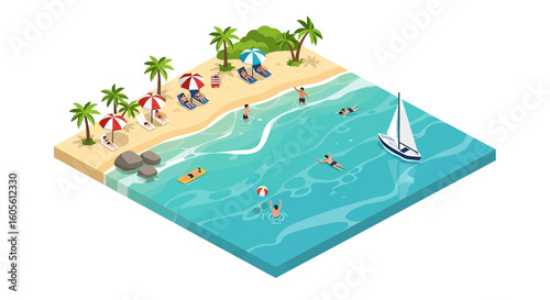 Adobe Illustrator artwork 3D isometric view of a tropical beach scene with people swimming, sunbathing under umbrellas, and a sailboat on the turquoise water. Ideal for summer vacation themes