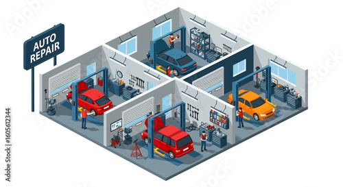 Adobe Illustrator artwork 3D isometric view of an auto service garage with mechanics repairing cars, tools, and equipment. Ideal for automotive repair and maintenance concepts