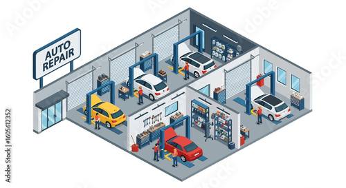 Adobe Illustrator artwork 3D isometric view of an auto service garage with mechanics repairing cars, tools, and equipment. Ideal for automotive repair and maintenance concepts
