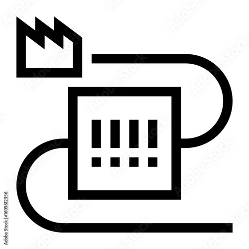 Icono de trazabilidad. Caja con código de barras y línea de proceso. Control logístico, seguimiento y registro. Ilustración vectorial 