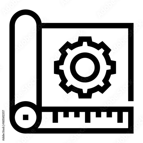 Icono de ingeniería mecánica. Plano con engranaje y regla. Diseño técnico y desarrollo de sistemas. Ilustración vectorial 
