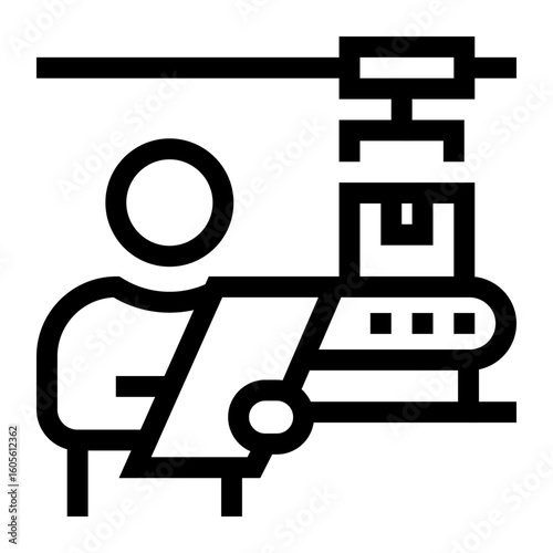Icono de supervisor. Persona con tablet frente a máquinas. Control de procesos. Ilustración vectorial 