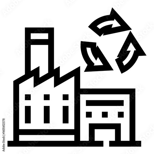 Icono de reciclaje industrial. Fábrica junto a flechas de reciclaje. Reaprovechamiento de materiales y gestión responsable. Ilustración vectorial 