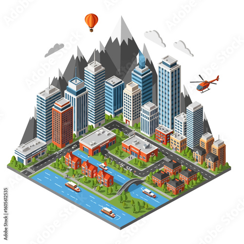 
Adobe Illustrator artwork 3D isometric view of a modern city landscape with skyscrapers, residential houses, a river, bridge, boats, roads, and vehicles. Ideal for urban development concepts