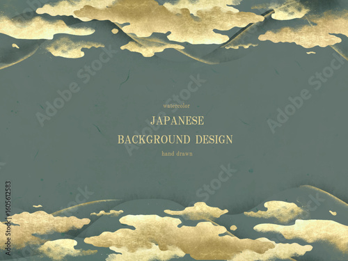 金色の雲と山水図 - 和風背景/年賀状、ベクター、イラスト
