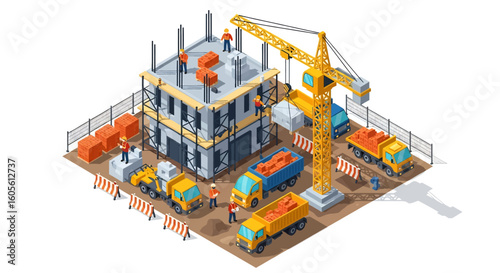 Adobe Illustrator artwork 3D isometric view of a construction site with a building under construction, crane, trucks, excavator, and workers. Ideal for urban development and engineering concepts