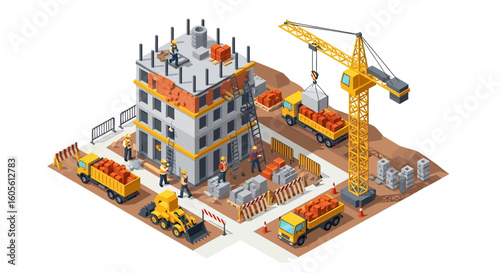 Adobe Illustrator artwork 3D isometric view of a construction site with a building under construction, crane, trucks, excavator, and workers. Ideal for urban development and engineering concepts
