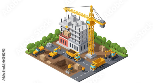 Adobe Illustrator artwork 3D isometric view of a construction site with a building under construction, crane, trucks, excavator, and workers. Ideal for urban development and engineering concepts