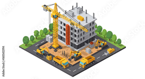 Adobe Illustrator artwork 3D isometric view of a construction site with a building under construction, crane, trucks, excavator, and workers. Ideal for urban development and engineering concepts