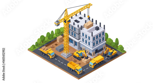 Adobe Illustrator artwork 3D isometric view of a construction site with a building under construction, crane, trucks, excavator, and workers. Ideal for urban development and engineering concepts