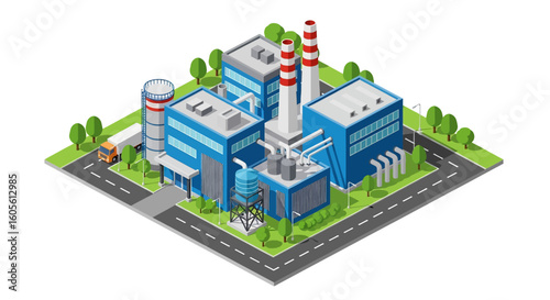 Adobe Illustrator artwork 3D isometric view of a blue and white industrial factory complex with striped chimneys, a water tower, delivery truck, and surrounding greenery. Ideal for manufacturing 