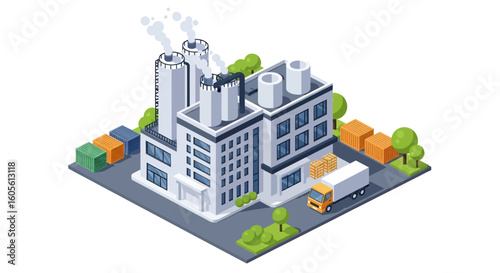 Adobe Illustrator artwork 3D isometric view of a modern factory building with chimneys emitting smoke, surrounded by trees, cargo containers, and a delivery truck. Ideal for industrial and logistics t