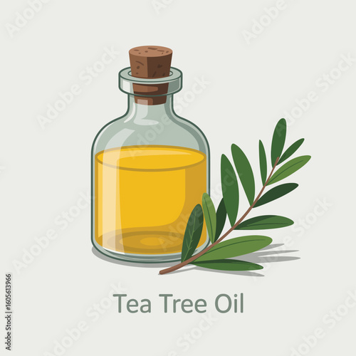 Glass bottle of natural tea tree oil with fresh leaves