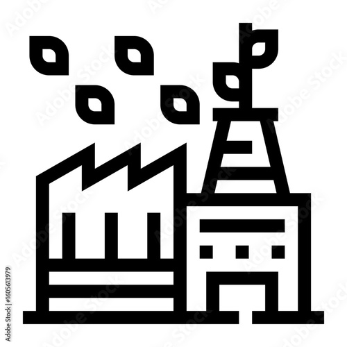 Icono de producción sostenible. Fábrica con hojas verdes saliendo del humo. Fabricación responsable e innovación industrial. Ilustración vectorial 