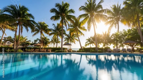 Tranquil tropical resort with palm trees and inviting pool reflecting the clear blue sky and bright sunlight, creating a peaceful vacation atmosphere