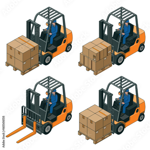 Four isometric forklifts moving boxes and pallets in a warehouse