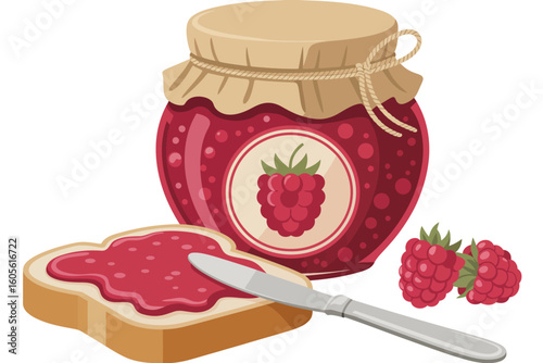Jar of raspberry jam with toast and fresh berries