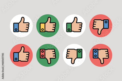 Collection of thumbs up and thumbs down icons showing approval and disapproval