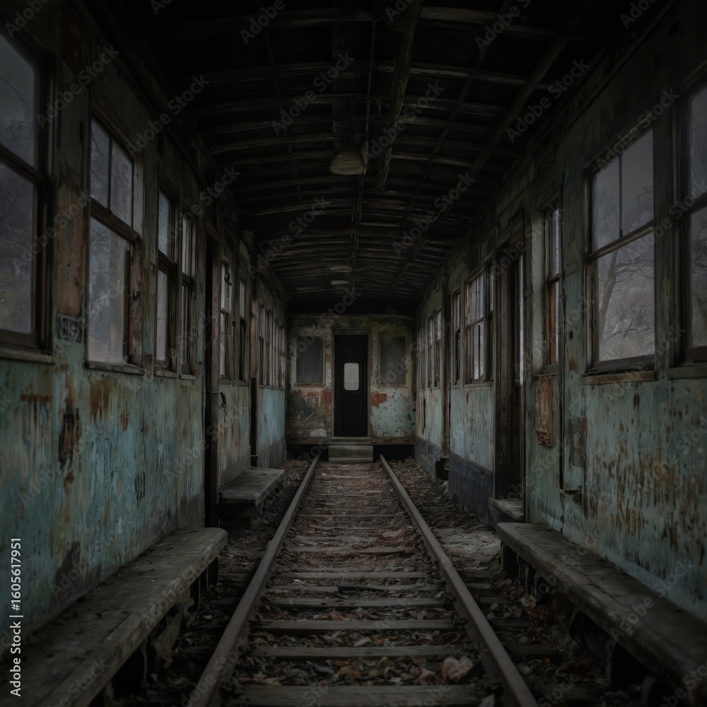 Obraz premium Inside abandoned train carriage with weathered walls, wooden benches. Railway tracks lead through derelict interior. Grungy, atmospheric scene evokes forgotten journeys, decay. Moody lighting