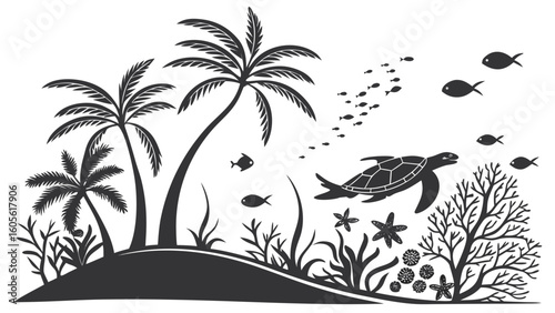 Silhouette of a tropical island with palm trees sea turtle fish coral and seaweed in black and white style