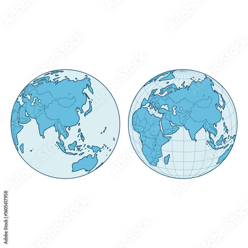 Two detailed maps of earth showing asia and europe with continents and oceans