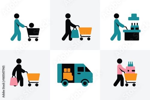 Collection of stylized people and a delivery van representing shopping and commerce