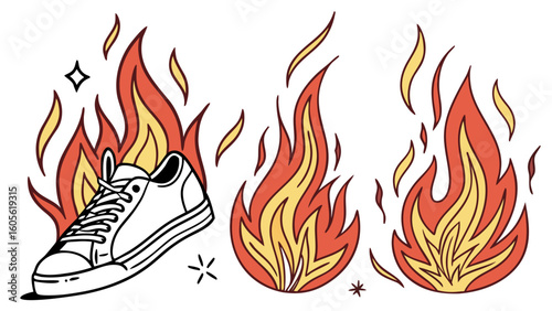 A cartoon image showing a white sneaker engulfed in flames with stars and fire designs around it