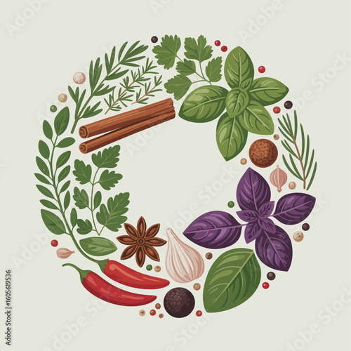 Circular arrangement of fresh herbs and spices for cooking and seasoning