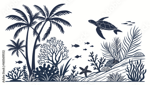Illustration of a tropical beach scene with palm trees turtle and various marine life in dark blue ink