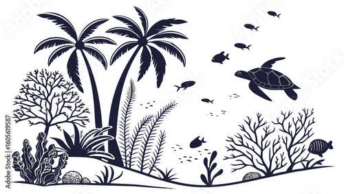Silhouette of a tropical scene with palm trees turtle and fish in black and white illustration