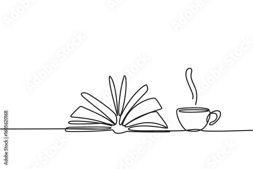 Continuous line drawing of an open book and a steaming cup of coffee