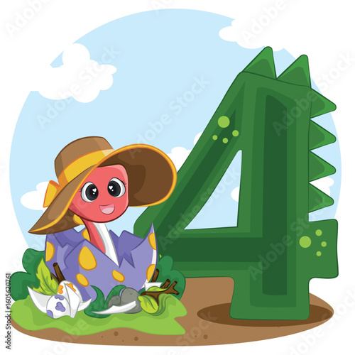 numbers 4 in the style of cute baby dino