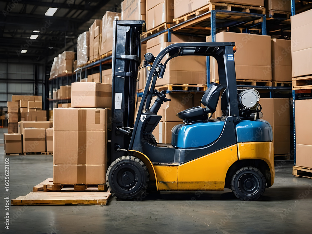 Naklejka premium Warehouse Logistics: A forklift navigates a bustling warehouse, efficiently transporting palletized boxes filled with goods. Capturing the essence of distribution and industrial progress.